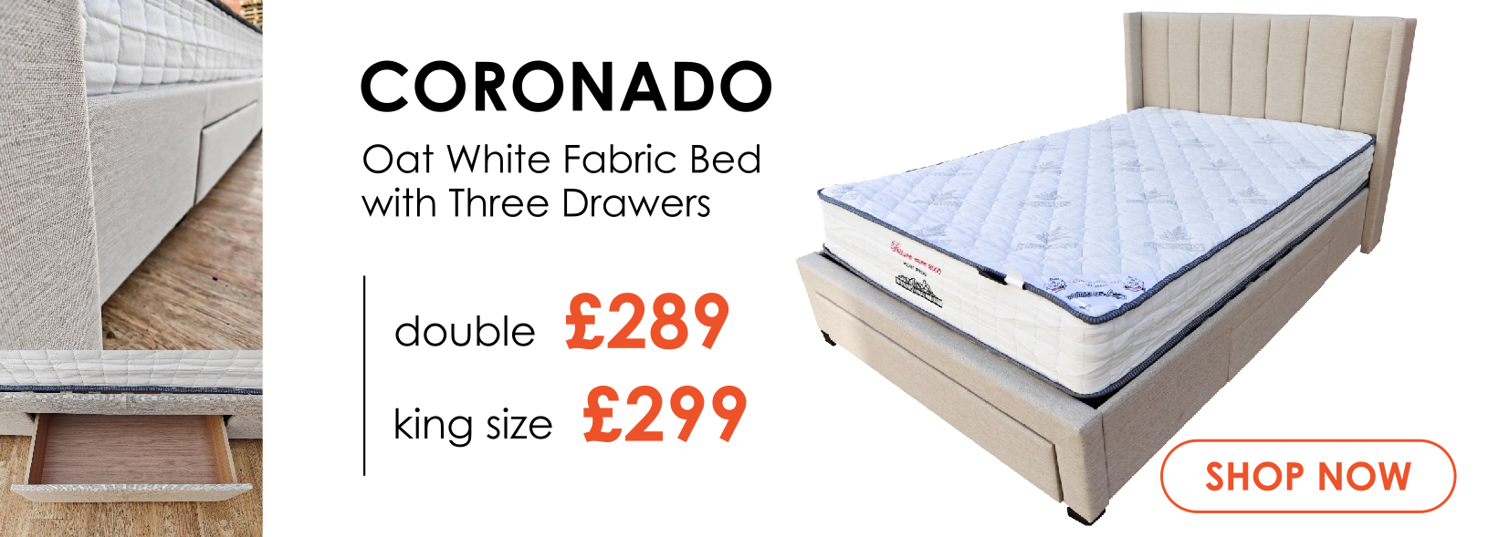 Coronado fabric bed with drawers in oat white - Double and king sizes