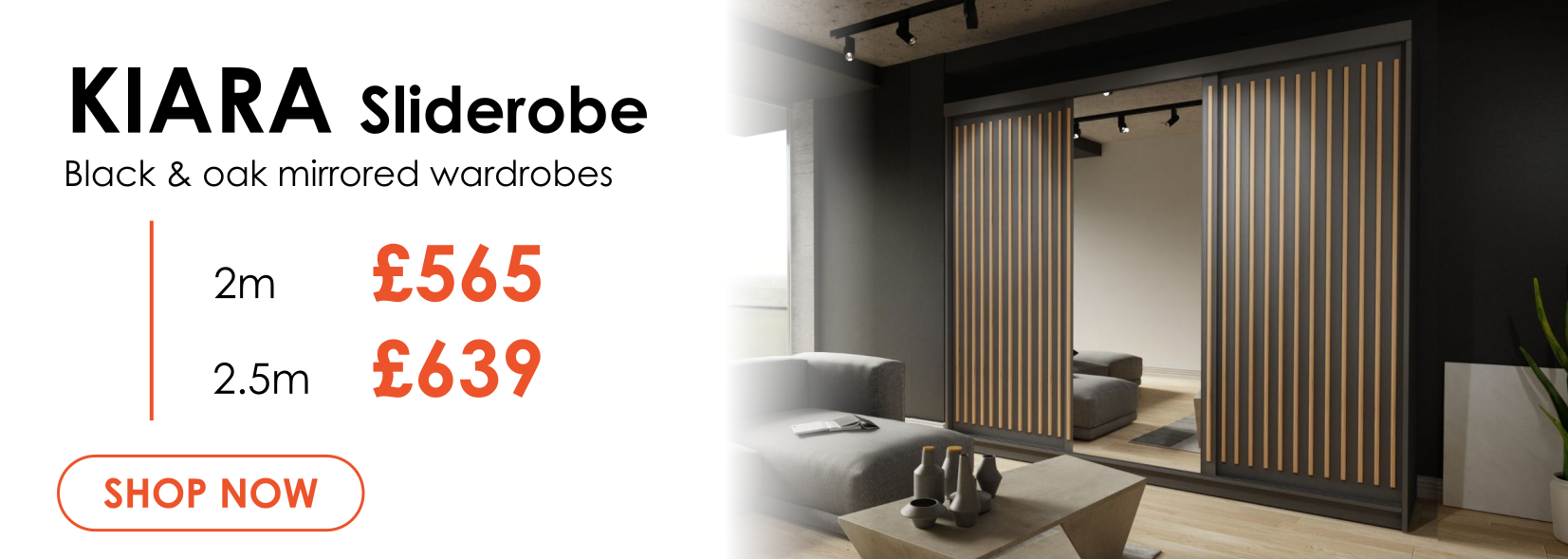 Kiara Mirrored Black & Oak Sliderobe - 2m or 2.5m width