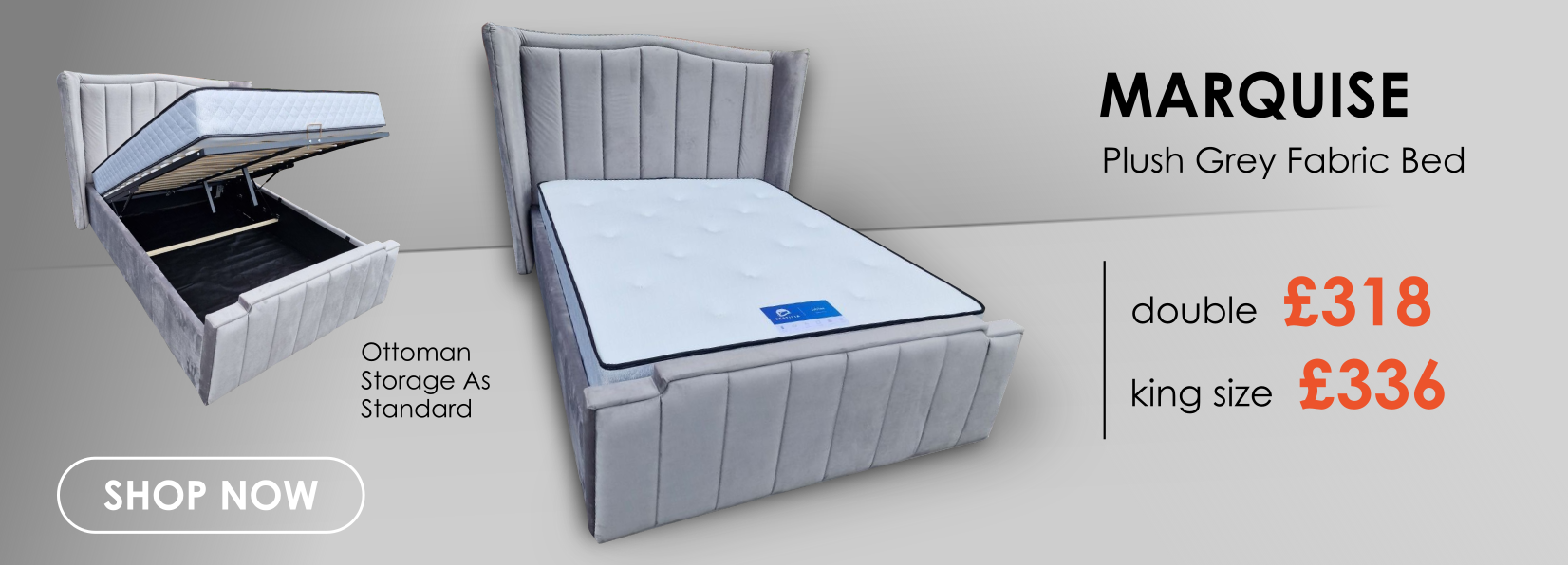 Marquise Plush Grey Fabric Bed with Ottoman Storage, Available in Double & King Size