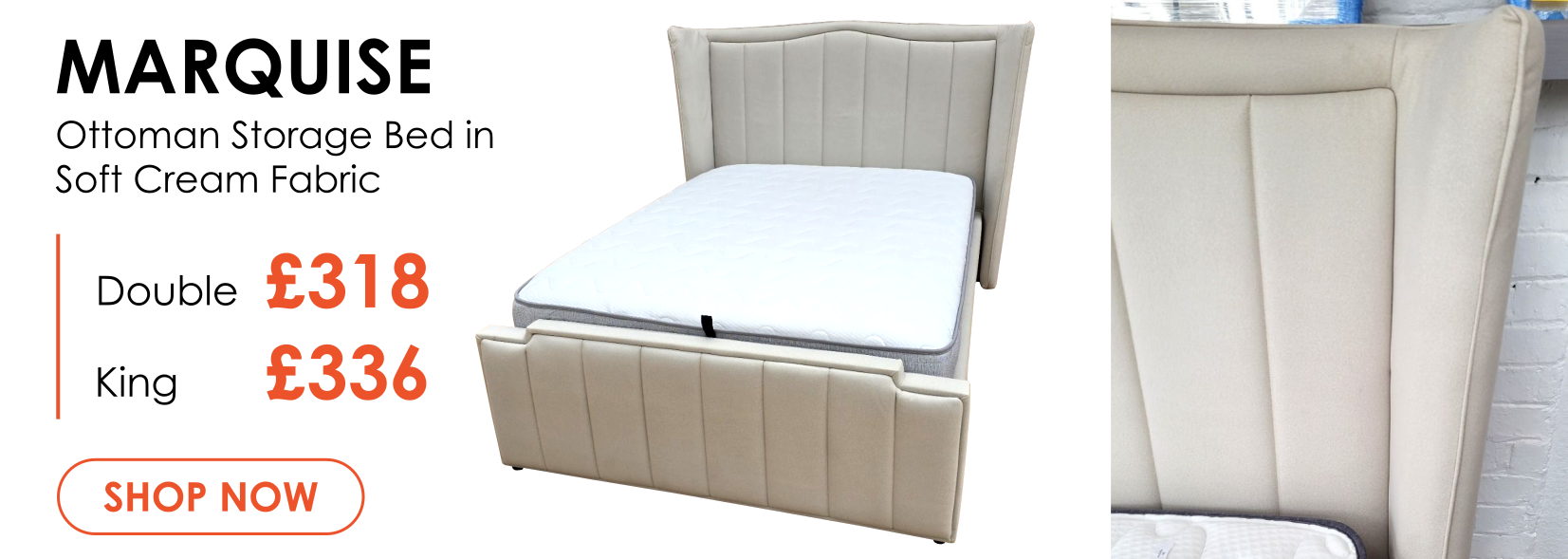Marquise Soft Cream Fabric Bed with Ottoman Storage, Available in Double & King Size