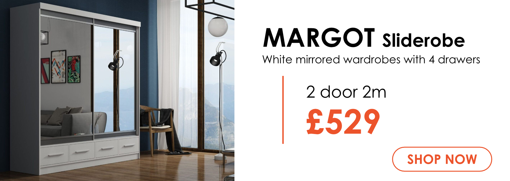 Margot white mirrored sliding wardrobe in 2m width