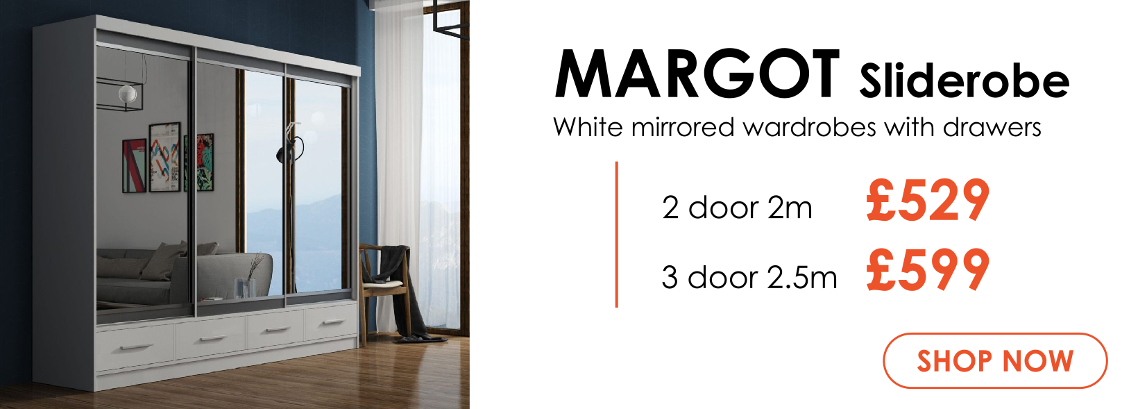 Margot white mirrored sliding wardrobe in 2 sizes