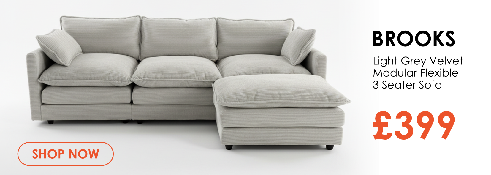 Brooks light grey velvet modular 3 seater chaise sofa