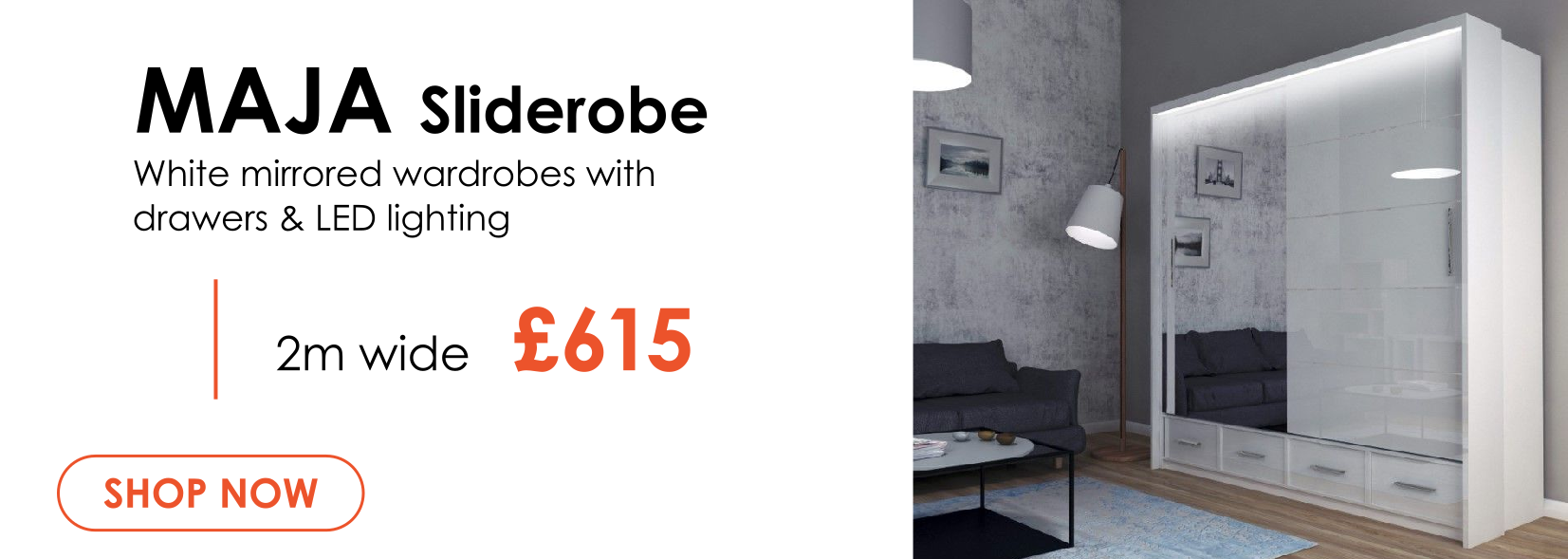 Maja 2m wide white mirrored sliderobe with drawers and LED lighting