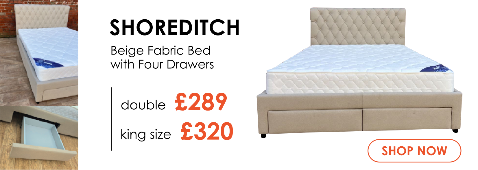 Shoreditch beige fabric bed with four storage drawers