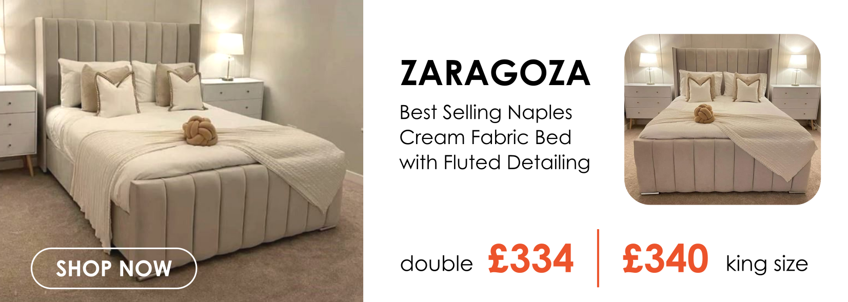Zaragoza Naples Cream Zaragoza Naples Cream Fabric Bed with Ottoman Storage Option, Available in a Range of Sizes