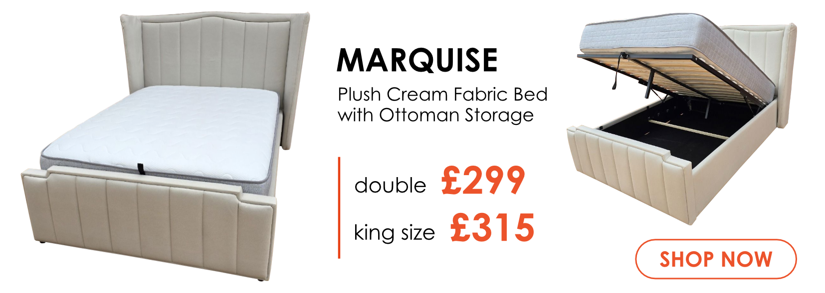 Marquise Soft Cream Fabric Bed with Ottoman Storage, Available in Double & King Size
