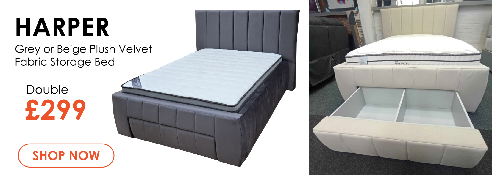 Harper Fabric Storage Bed in Grey or Beige