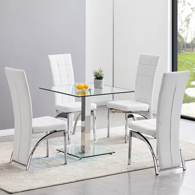 Hanley Dining Set - White Leather / Clear Glass