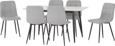 Fenton Dining Set (6 Chairs) - White Marble Stone Effect/Light Grey Fabric