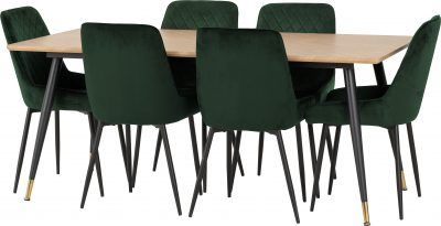 Hamilton Large Dining Set with Avery Chairs - Medium Oak Effect/Black/Emerald Green Velvet