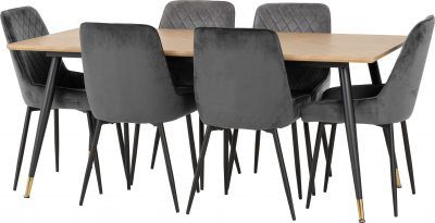 Hamilton Large Dining Set with Avery Chairs - Medium Oak Effect/Black/Grey Velvet