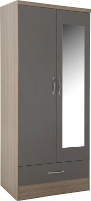 Nevada 2 Door 1 Drawer Mirrored Wardrobe - Grey Gloss /  Oak