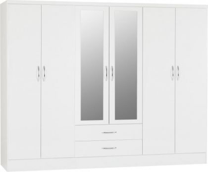 Nevada 6 Door 2 Drawer Mirrored Wardrobe - White Gloss