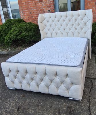 Oxford Wingback Fabric Ottoman Double Bed 4ft 6in - Conniston Almond