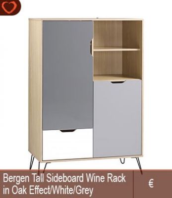 Bergen Tall Sideboard/Wine Rack in Oak Effect/White/Grey