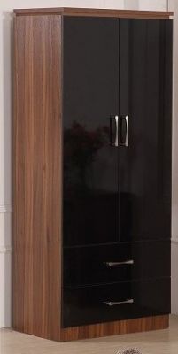 Conrad 2 Door 2 Drawer Wardrobe - Black Gloss / Walnut
