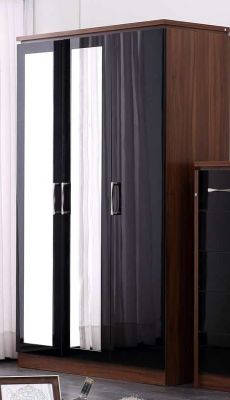 Conrad 3 Door Mirrored Wardrobe - Black Gloss / Walnut