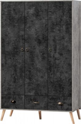 Nordic 3 Door 3 Drawer Wardrobe - Grey/Charcoal Concrete Effect