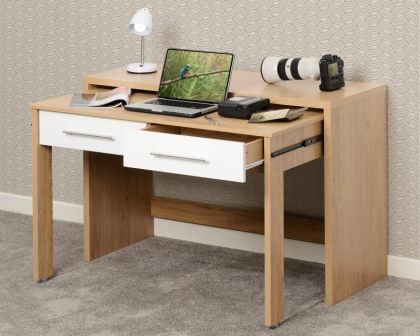 Seville 2 Drawer Slider Desk - White Gloss / Light Oak Effect