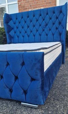 Oxford Wingback Fabric Ottoman SUPER King Size Bed 6ft - Plush Blue
