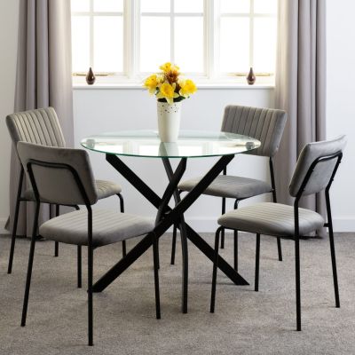 Sheldon Round Glass Top Dining Table with 4 Grey Velvet Fabric Chairs