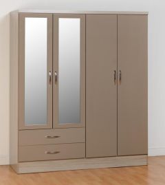 Nevada 4 Door 2 Drawer Wardrobe 1.54m - Oyster Gloss / Light Oak