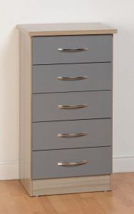 Nevada 5 Drawer Narrow Chest - Grey Gloss / Light Oak