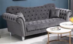 Italian Chesterfield Fabric 3 Seater Sofa - Plush Grey