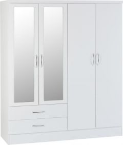 Nevada 4 Door 2 Drawer Mirrored Wardrobe - White Gloss