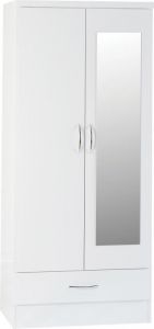 Nevada MIRRORED 2 Door 1 Drawer Wardrobe - White