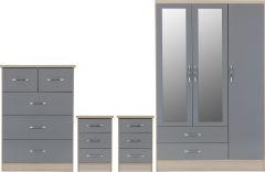 Nevada 3 Door Mirrored Wardrobe BEDROOM SET  1.16m - Grey Gloss/Light Oak