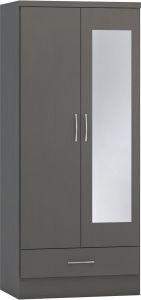 Nevada Mirrored 2 Door 1 Drawer Wardrobe - 3D Effect Grey