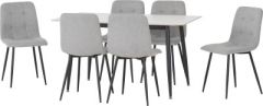Fenton Dining Set (6 Chairs) - White Marble Stone Effect/Light Grey Fabric