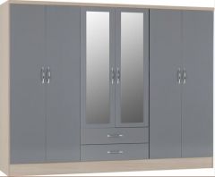 Nevada 6 Door 2 Drawer Mirrored Wardrobe - Grey Gloss/Light Oak