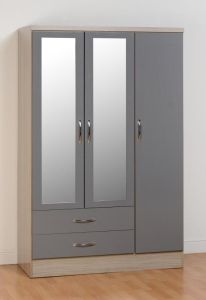 Nevada 3 Door 2 Drawer Wardrobe in Grey Gloss 1.2m  - Light Oak