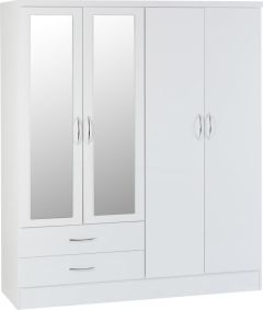 Nevada 4 Door 2 Drawer Mirrored Wardrobe 1.5m - White Gloss