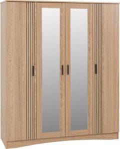 Tessa 4 Door Mirrored Wardrobe 1.57M - Natural Oak Effect