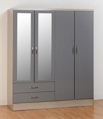 Nevada 4 Door 2 Drawer Wardrobe 1.5m - Grey Gloss / Light Oak