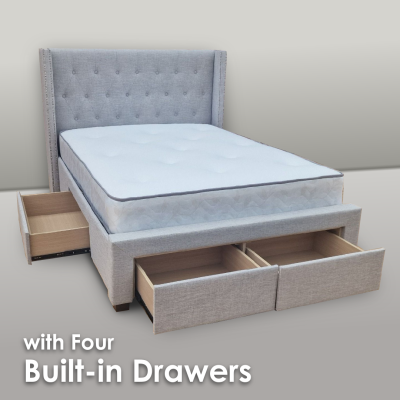 Agatha Fabric Bed with 4 Drawers - Stone