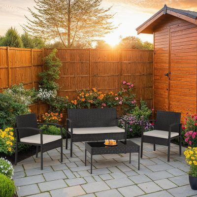 Cedar 4 Piece Garden Set - Black Rattan/Grey Fabric/Black Glass