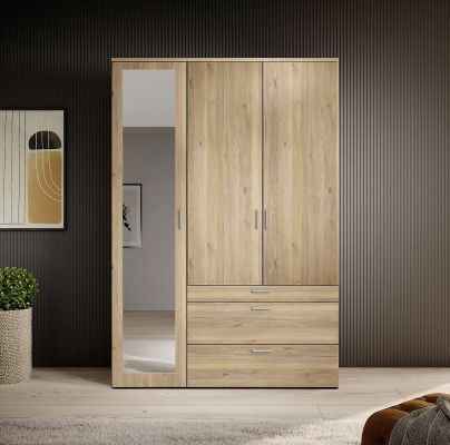 Vesala Mirrored 3 Door 3 Drawer Wardrobe 1.35m - Mauvella Oak