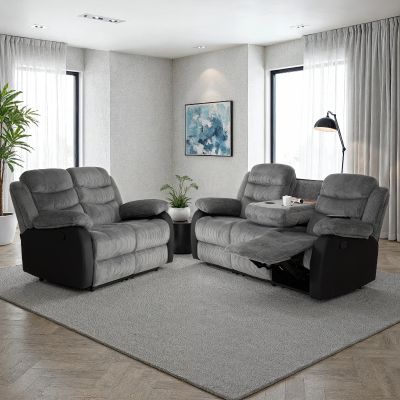 Roma Fabric Recliner Suite 3+2 - Grey Cord/Black Faux Leather