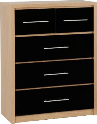 Seville 3 + 2 Drawer Chest - Black High Gloss/Light Oak Effect Veneer