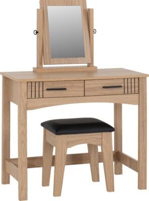 Tessa 2 Drawer Dressing Table Set - Natural Oak Effect/Black Pu