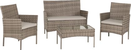 Willow 4 Piece Garden Set - Grey Rattan/Grey Fabric/Clear Glass