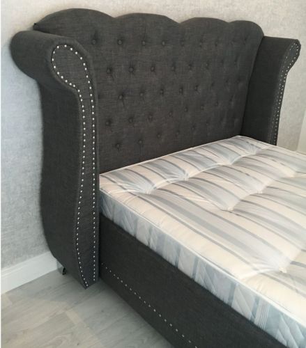 Ss Crushed Velvet Double Bed 4ft, Grey Fabric Headboard Double Bed