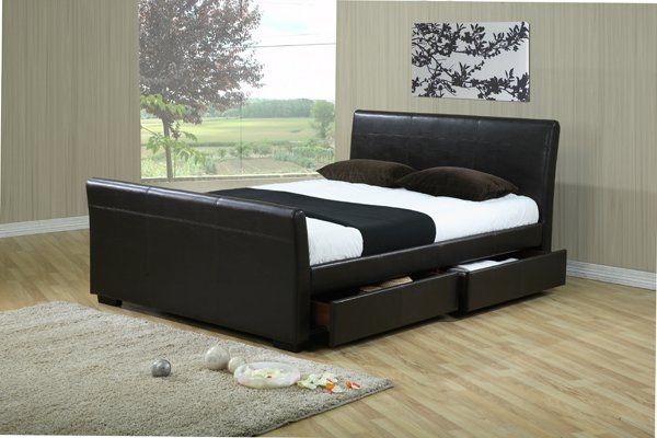 Houston 4 6ft Double Leather Bed, King Size Leather Sleigh Bed Frame